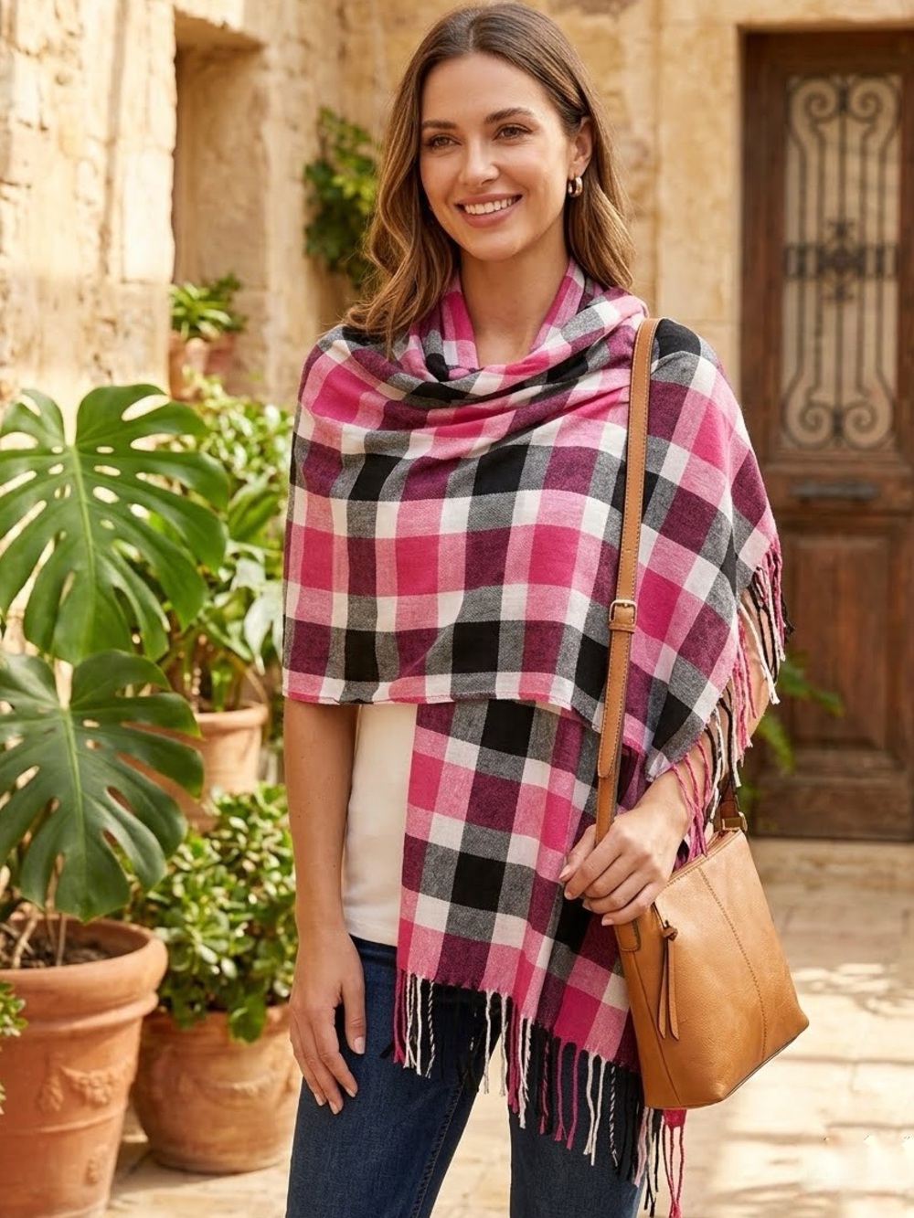 Cotton On Multi Plaid Burberry Style Fringe Wrap Blanket Scarf OS
